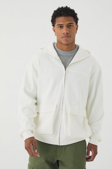 Ecru White Oversized Heavy Ribbed Pocket Zip Through Hoodie