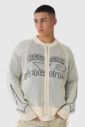 Oversized Boxy Two Toned Ribbed Knit Tonal Varsity Knitted Bomber ecru