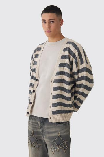 Striped Boxy Brushed Cable Knit Cardigan ecru