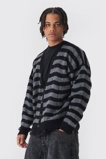 Striped Boxy Brushed Cable Knit Cardigan black