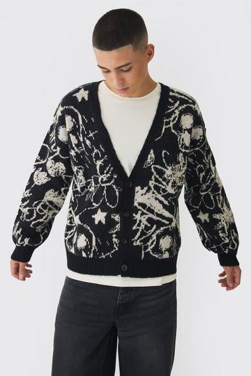 Oversized Boxy Brushed All Over Jacquard knitted Cardigan black