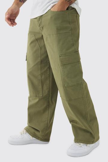 Olive Green Baggy Twill Overdye Carpenter Cargo Trousers