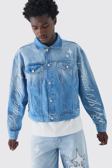 Oversized Boxy Pride Printed Denim Jacket light blue