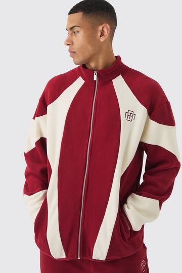 Oversized Zip through Colour Block Polar Fleece Jacket burgundy