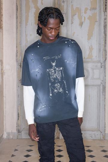 Premium Oversized Skeleton Washed T-Shirt In Black black