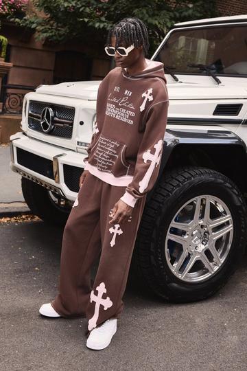 Chocolate Brown Wide Leg Limited Edition Cross Applique Joggers