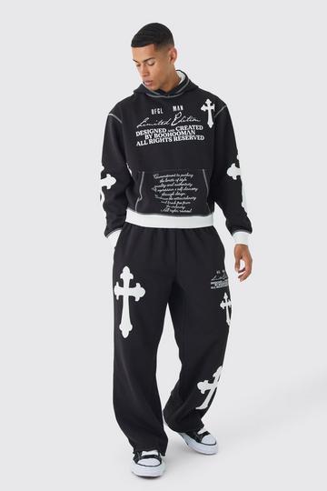 Oversized Boxy Limited Edition Cross Applique Hoodie and Jogger Tracksuit black