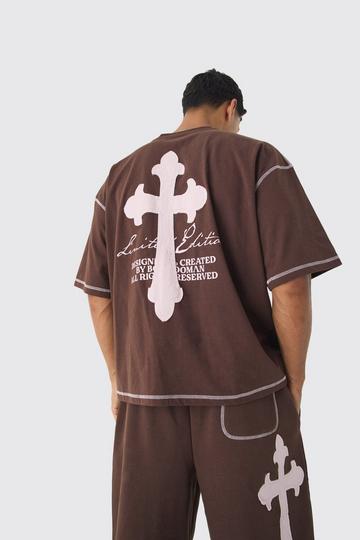 Oversized Boxy Cross Applique Contrast Stitch Heavyweight T-Shirt chocolate