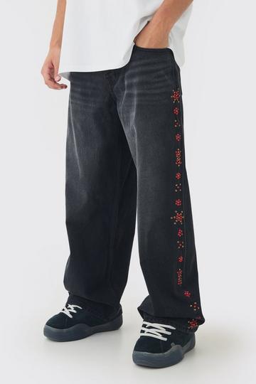 Baggy Fit Rigid Gold Star Studded Jeans washed black