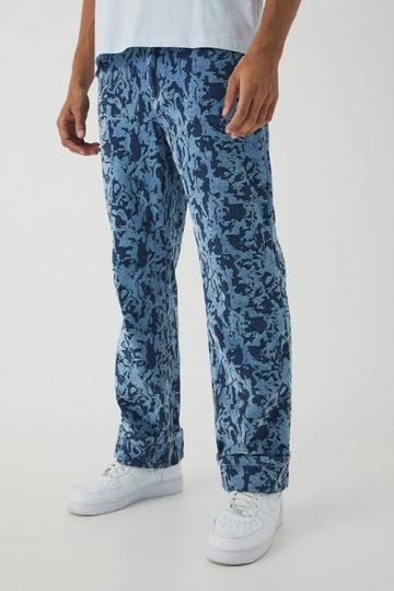 Relaxed Fit Abstract Flock Turn Up Hem Jeans blue