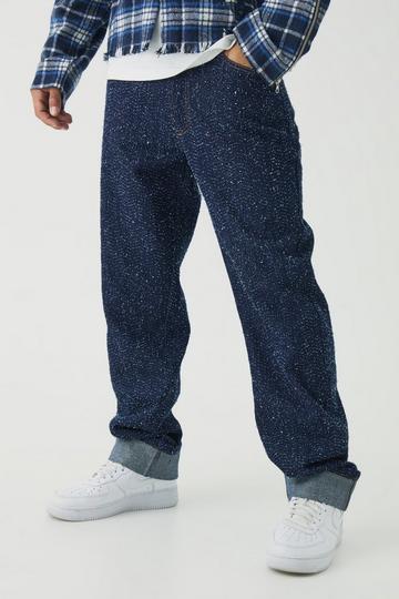 Relaxed Fit Textured Indigo Turn Up Hem Jeans indigo