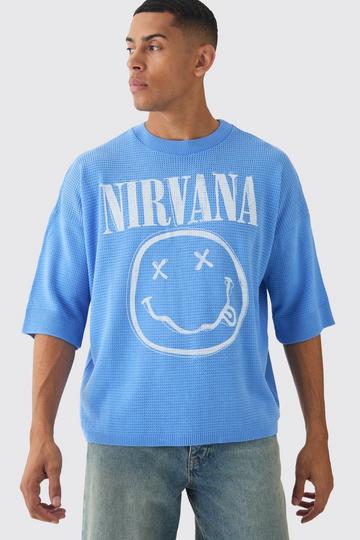 Oversized Open Stitch Nirvana License Printed Knitted T-shirt light blue