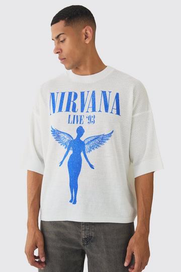 White Oversized Open Stitch Nirvana License Printed Knitted T-shirt