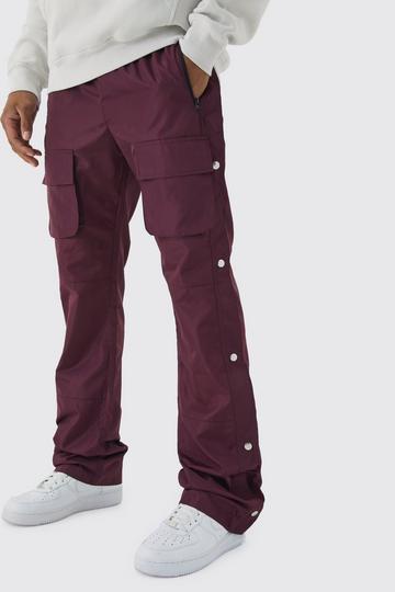 Burgundy Red Elasticated Waist Slim Flare Stacked Cargo Trousers