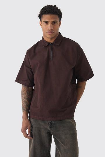 Oversized Boxy 1/4 Zip Concealed Peached Twill Shirt chocolate