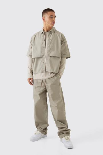 Oversized Boxy Pleat Front Peached Nylon Shirt & Trouser Set stone