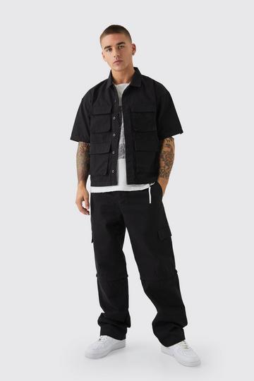 Black Ripstop Cargo Pocket Short Sleeve Shirt & Trouser Set