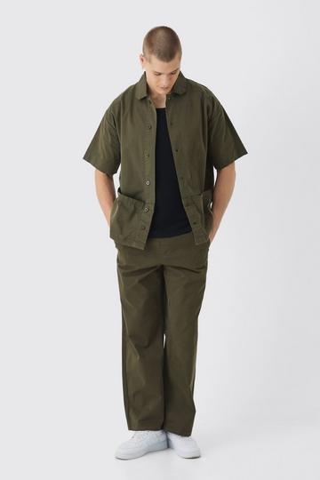 Khaki Oversized Boxy Twill Branded Shirt & Trouser Set