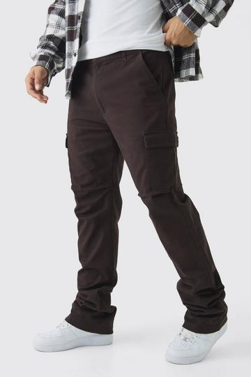 Brown Fixed Waist Slim Flare Stacked Twill Cargo Trousers