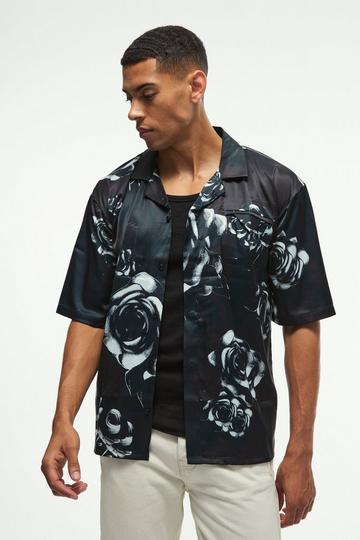 Oversized Floral Printed Satin Short Sleeve Shirt black