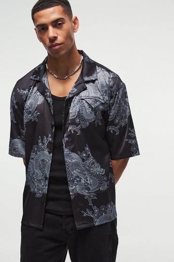 Black Oversized Printed Satin Revere Triangle Pocket Shirt