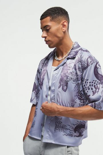 Lilac Purple Boxy Printed Satin Revere Shirt