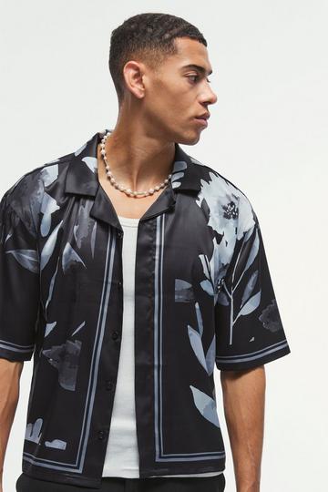 Black Boxy Printed Satin Revere Short Sleeve Shirt