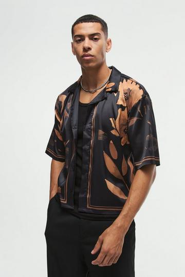 Orange Boxy Printed Satin Revere Short Sleeve Shirt