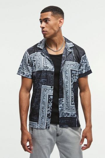 Black Printed Satin Revere Short Sleeve Shirt