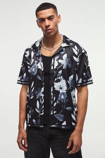 Oversized Flower Printed Satin Short Sleeve Shirt black