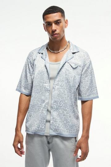 Oversized Boxy Leopard Print Satin Shirt light grey