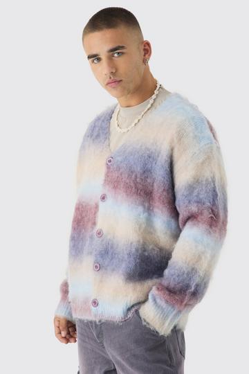 Oversized Boxy Brushed Ombre Stripe Knitted Cardigan ecru