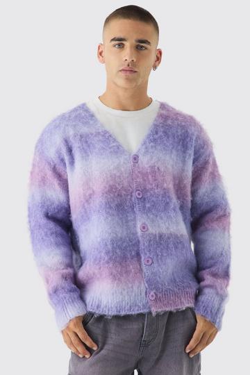 Purple Oversized Boxy Brushed Ombre Stripe Knitted Cardigan