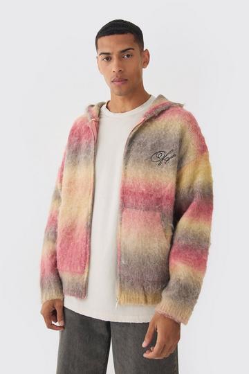 Oversized Boxy OFCL Brushed Ombre Stripe Knitted Zip Through Hoodie red