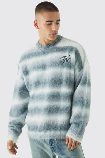 Oversized Boxy OFCL Brushed Ombre Stripe Knitted Embroidered Jumper light grey