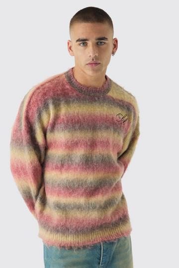 Red Oversized Boxy OFCL Brushed Ombre Stripe Knitted Embroidered Jumper