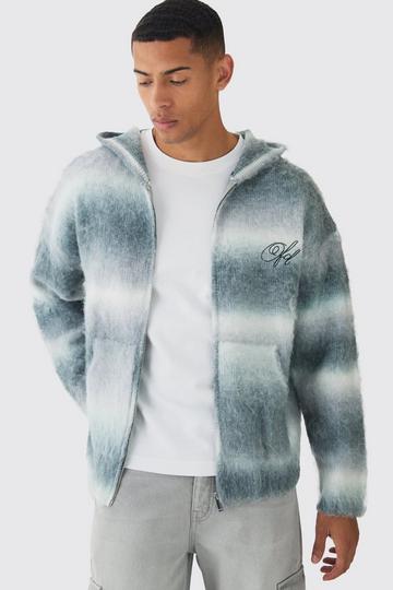 Oversized Boxy OFCL Brushed Ombre Stripe Knitted Zip Through Embroidered Hoodie light grey