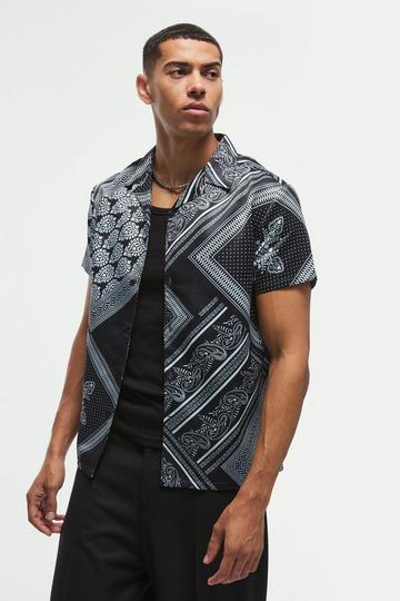 Black Regular Fit Baroque Print Satin Shirt