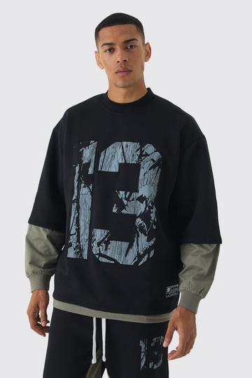 Oversized Half Sleeve Faux Layer 13 Applique Sweatshirt black