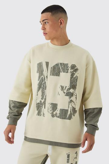 Oversized Half Sleeve Faux Layer 13 Applique Sweatshirt khaki