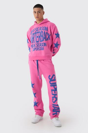 Pink Oversized Boxy Off Season Puff Printed Hooded Tracksuit