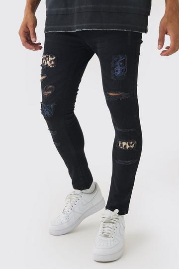 Skinny Fit Rip & Repair Paisley Leopard Jeans black