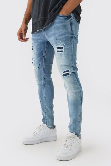 Skinny Fit Rip & Repair Paint Splatter Jeans antique blue