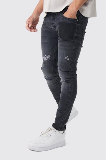 Skinny Fit Graffiti Ripped Jeans With Chain washed black