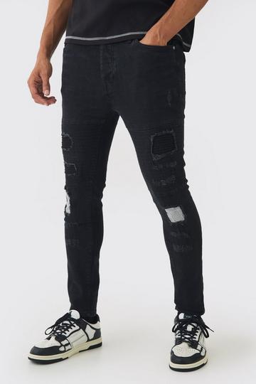 Skinny Fit biker Ripped Patchwork Jeans black