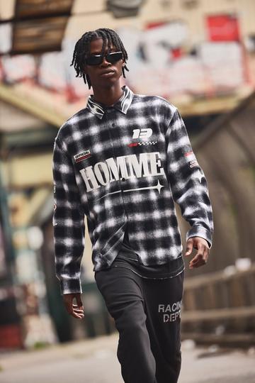 Oversized Homme Printed Check Shirt black