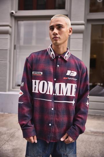 Red Oversized Homme Printed Check Shirt