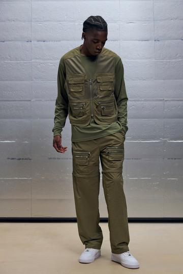 Khaki Boxy Utility Mesh Cargo Pocket Vest & Zip Off Trouser Set