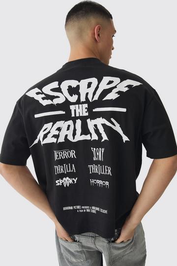 Oversized Extended Neck Boxy Escape The Reality Print T-Shirt black