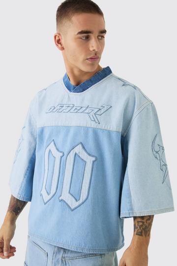 Oversized Geborduurd Voetbal Denim T-Shirt light blue